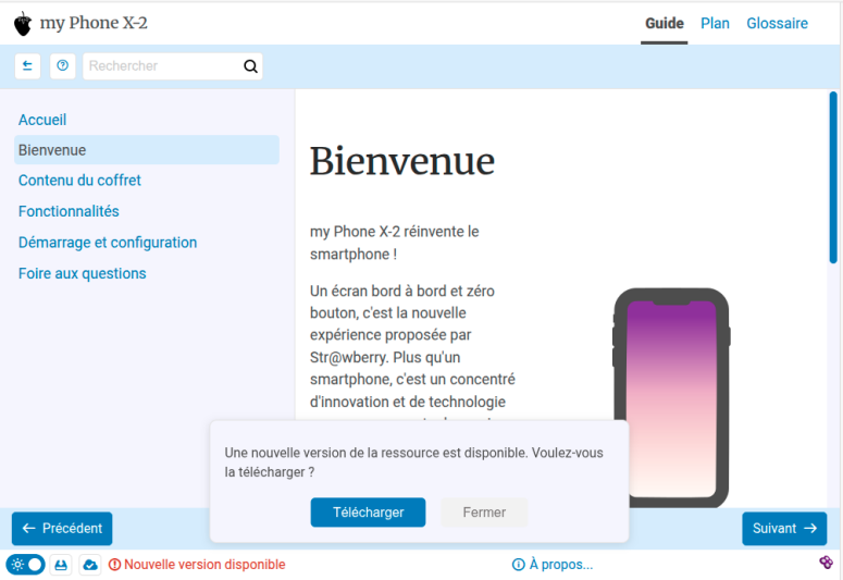 Options PWA d’une publication web de Guide signalant une mise à jour disponible.